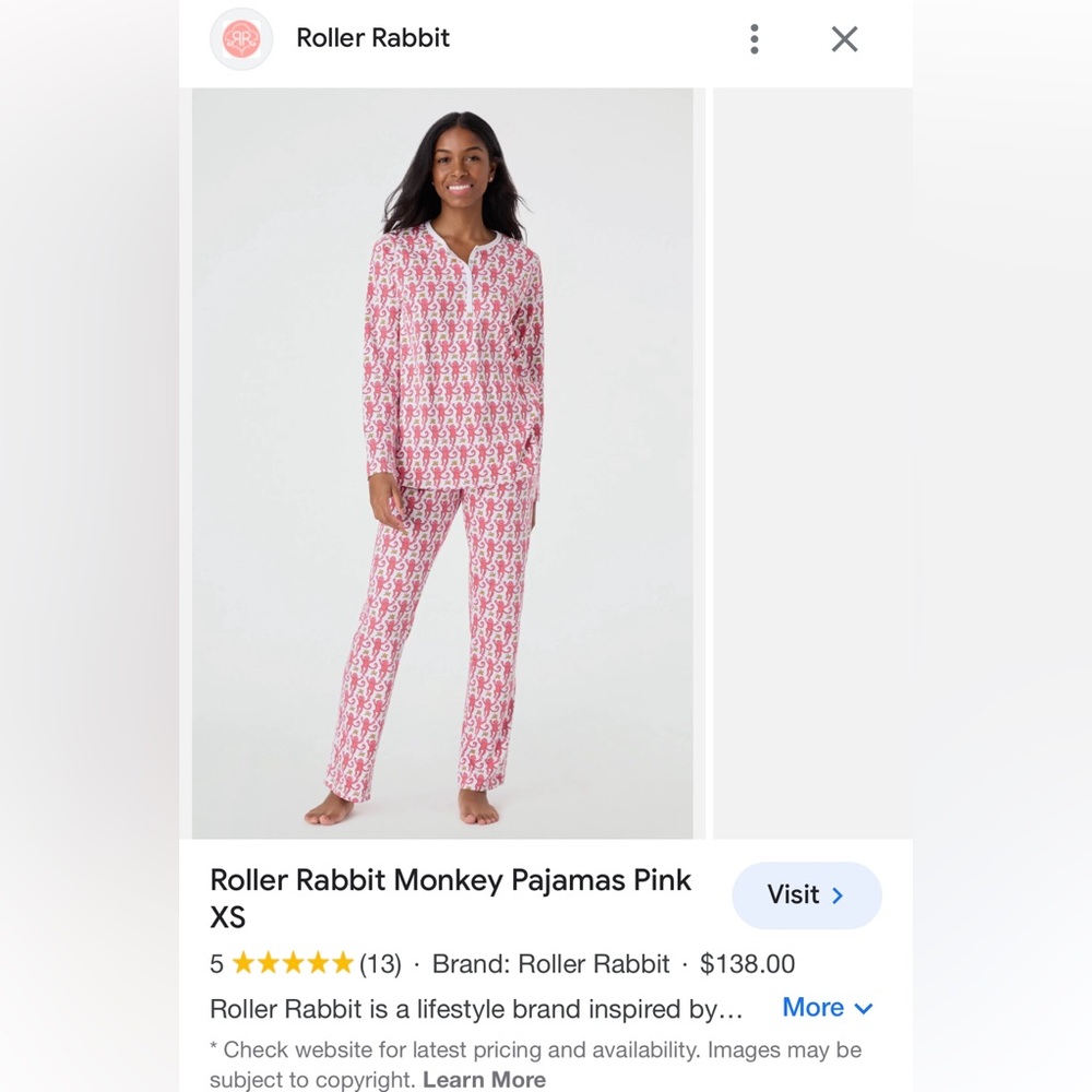 Roller rabbit pink monkey pajamas size medium